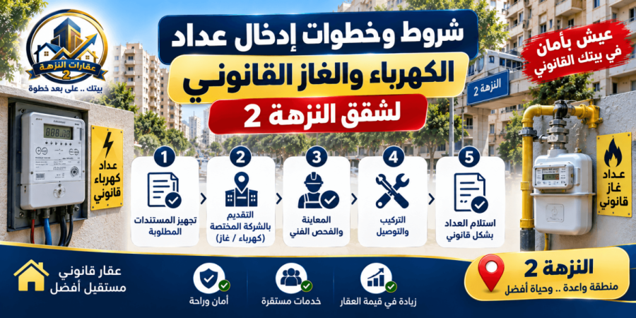 شروط وخطوات إدخال عداد الكهرباء والغاز القانوني لشقق النزهة 2