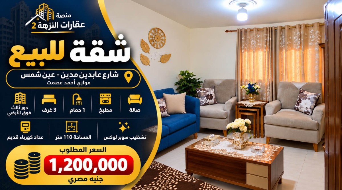 شقة للبيع في عين شمس 110 متر سوبر لوكس بـ1.2 مليون