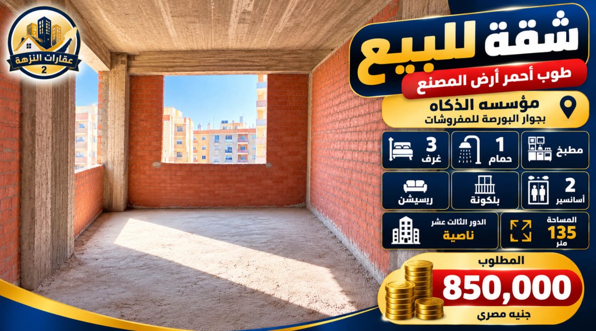 شقة للبيع أرض المصنع مؤسسة الزكاة 135 متر ناصية بـ850 ألف